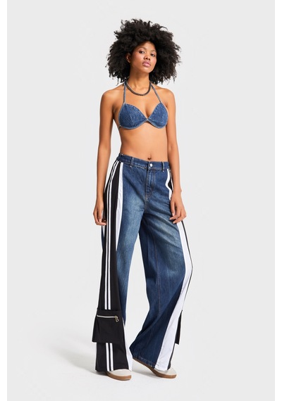 it's basic Kadın Kot Rengi Parçalı Kumaş Bol Kesim Özel Tasarım Denim Jean Mavi