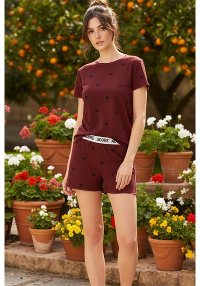 Siyah İnci Lastikli Fitilli Kaşkorse Örme Şort Takım26120101 Bordo
