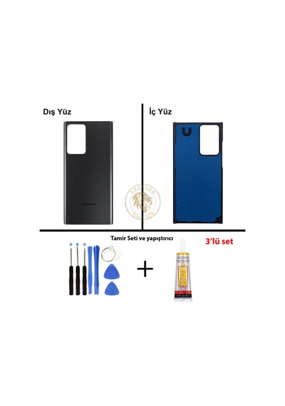 Samsung Galaxy Note 20 Ultra Siyah Renk Arka Kapak + Tamir Seti + B7000 Yapıştırıcı Arka Cam Batarya Kapağı Pil Kapağı Lazer Kesim Back Cover Galaxy Note 20 Ultra Uyumlu