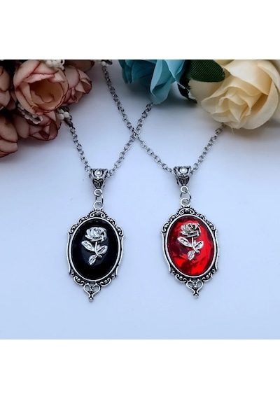 Gotik Victorian Gül Detay Tablo Kolye 1 Adet Kırmızı Kolye Kırmızı