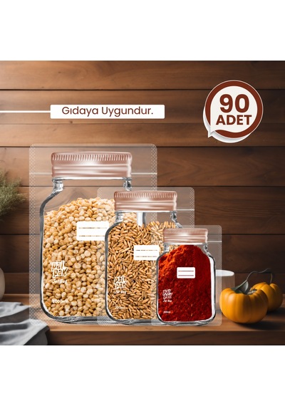 Bakır Metal Kapaklı Kavanoz Görünümlü Saklama Poşeti 90 Adet 30 Büyük, 30 Orta, 30 Küçük ŞEFFAF