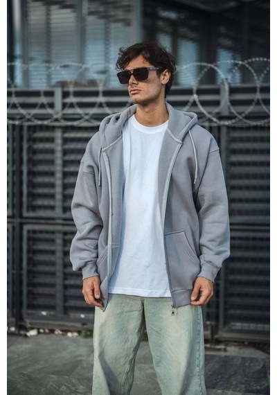 Blacktree Oversize Tam Fermuarlı Uzun Kol Hırka - Gri Gri