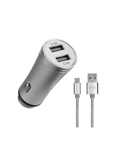 Hy-x62 3.4a Hızlı Şarj Micro Usb Kablolu 2 Usb Metal Araç Şarj Cihazı, Gümüş