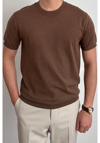 Tarz Cool Erkek Slim Fit Bisiklet Yaka Triko T-shirt Kahverengi