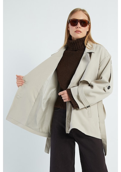 Fullamoda Beli Kemerli Kruvaze Yaka Oversize Trençkot Taş