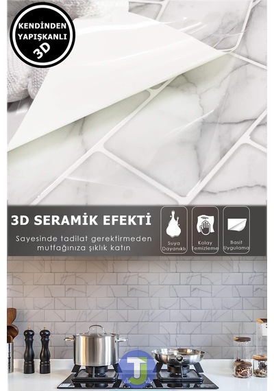 Technojet 3boyut Seramik Efekt Kendinden Yapışkanlı Beyaz Mermer Pvc Mutfak Tezgah Kaplama 30cm 30cm