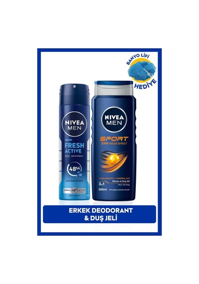 NIVEA Men Fresh Active Erkek Sprey Deodorant 150 ML + Sport Duş Jeli 500 ML + Banyo Lifi