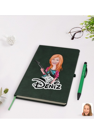 Kişiye Özel Kadın Gitarist Karikatürlü Yeşil Termo Deri Defter Ka