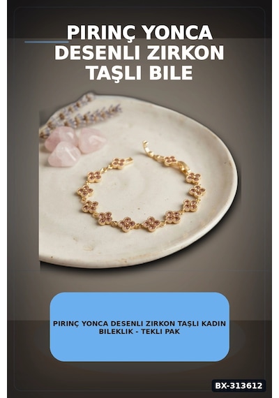 Bay Pirinç Yonca Desenli Zirkon Taşlı Kadın Bileklik - Tekli Paket, Rengi Zarif Aksesuar Bx-313612 Najmaddin Standart