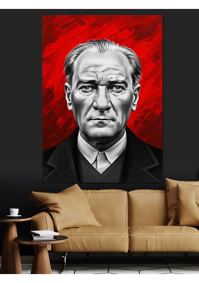 Kırmızı Arkaplan Atatürk Portresi Dekoratif Kanvas - Mdf Ahşap Tablo