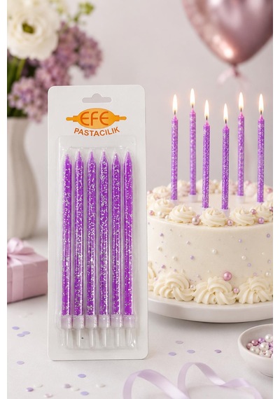 Mor Gümüş Simli Uzun Pasta Mumu 17 Cm Karışık