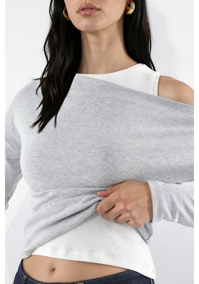 Hiccup Viskon Karışımlı Asimetrik Yaka Uzun Kollu Katmanlı T-shirt Açık Gri