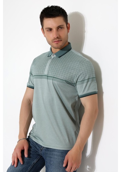Rıbana Classıc Fermuar Detaylı Desenli Pamuklu Polo Yaka T-shirt Yeşil