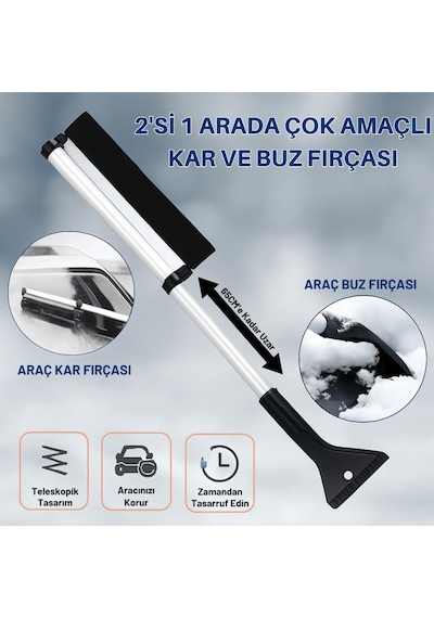 Polham Alüminyum 2in1 65 Cm Uzayabilen Teleskopik Kar Ve Buz Fırçası Kar Temizleme Fırçası + Buz Kazıyıcı Siyah