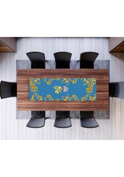 Blue Lemon Runner 140x45cm Mavi Limon, İnce Keten, Uluslararası Yıkama Ve Solmama Sertifikası Çok Renkli