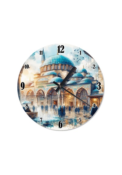 Eski Zamanlarda Çinili Cami Desenli Duvar Saati Çok Renkli