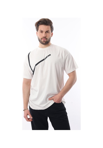 Madmext Ekru Bisiklet Yaka Şerit Detaylı Pamuklu Erkek T-shirt E7033 Ekru