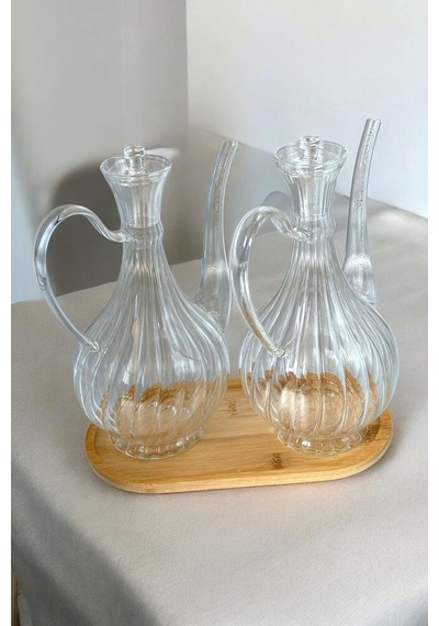 Morponi Borosilikat Cam Glorry Yağlık Ve Sirkelik Seti 700 Ml +700 Ml Bambu Standlı Çizgili Tasarım Şeffaf