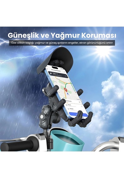 Fredomm Gidon Bağlantılı Güneş Ve Yağmur Korumalı 360 Derece Ayarlanabilir Motosiklet Bisiklet Telefon Tutucu Siyah