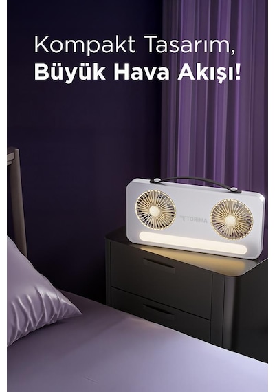 Torima F-23 Siyah Led Işıklı Çift Fanlı Mini Masaüstü Vantilatör 1200mah Şarjlı, Type-c Girişli, Taşınabilir Fan