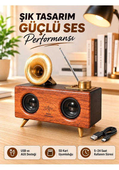 Mey İthalat Retro Gramofon Tasarımlı Bluetooth Hoparlör 3d Stereo Ses, 1800 Mah Batarya