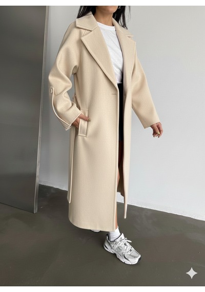 Roll Fashion Krem Kadın Geniş Yaka Kuşaklı Uzun Kaşe Palto Açık Bej