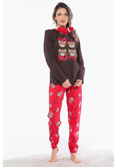 İpek Ayıcık Desenli Uzun Kollu Kadın Pijama Takımı Kırmızı - Kahverengi