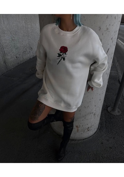 Oversize Üç İplik Bisiklet Yaka Baskılı Sweatshirt - Beyaz Beyaz