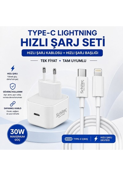 Schitec 30w Type-c Çıkışlı Hızlı Şarj Adapörü Başlığı Ve Type-c To Lightning Ve Hızlı Şarj Kablosu
