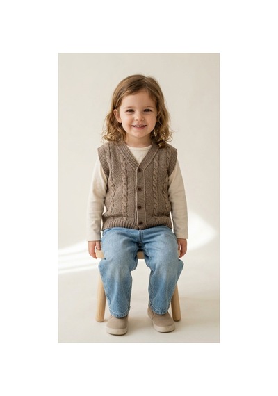 Deniva Kids Unisex Bebek & Çocuk Kahverengi V Yaka Düğmeli Saç Örgü Desenli Triko Yelek