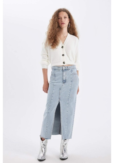 Defacto Fashion Fit Yırtmaçlı Uzun Boy Jean Etek D4419AX24AUNM39 Mavi