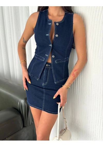 Alfanora Kot Jeans Etekli İkili Takım - Lacivert Lacivert