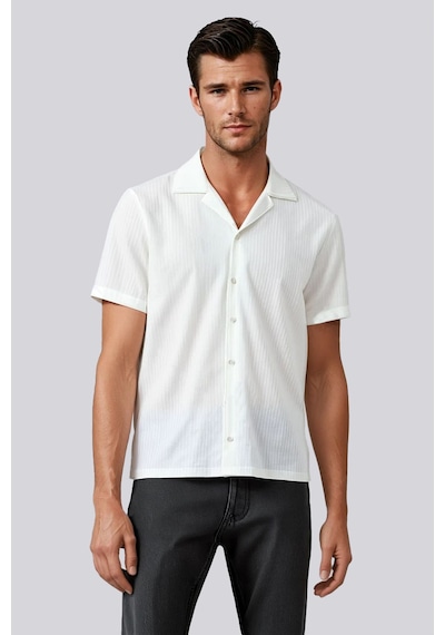 Erkek Beyaz Kısa Kollu Slim Fit Desenli Pamuklu Yazlık Gömlek Beyaz