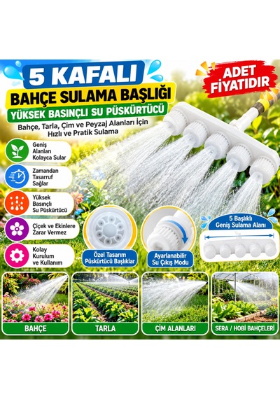 5 Kafalı Peyzaj Bahçe Tarla Çim Sulama Başlığı Yüksek Basınçlı Su Püskürtücü Hortum  Adet