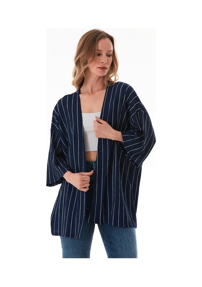 Fullamoda Çizgili Bürümcük Kumaş Kimono Lacivert