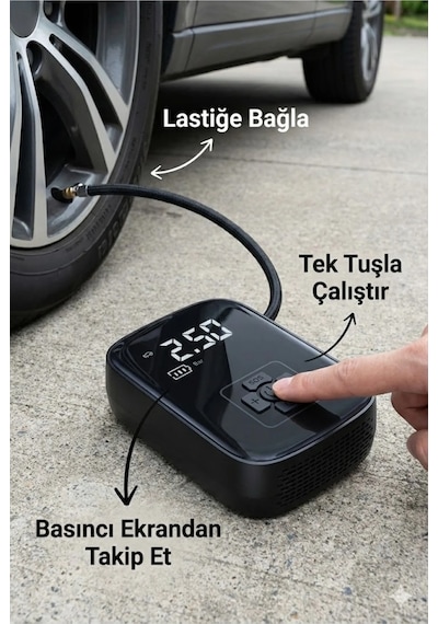 Dijital Şarjlı Araç Lastik Hava Pompası Kompresör Taşınabilir Led Ekranlı