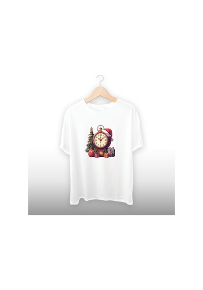 Yılbaşı Saat Detaylı Unisex Tişört Beyaz