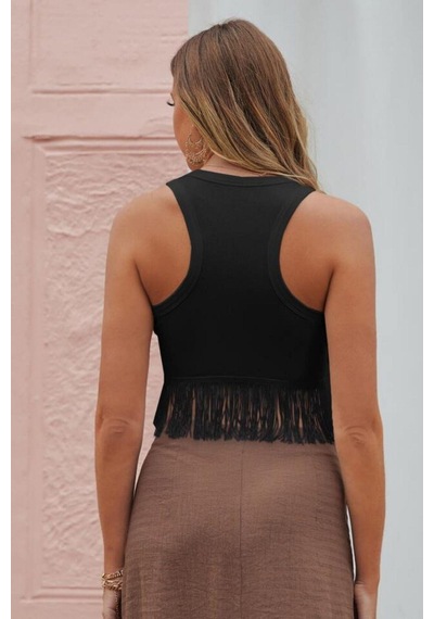 Bella Notte Siyah Saçaklı Viskon Crop Bluz