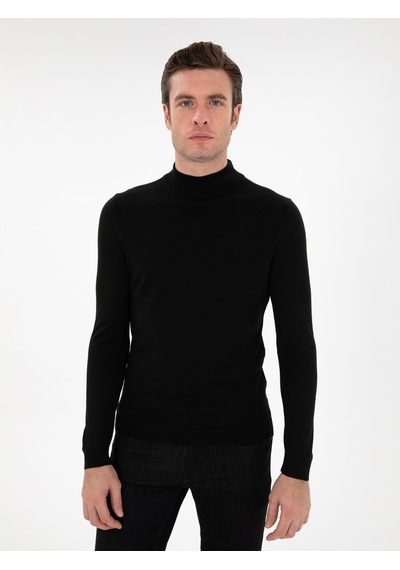 Cacharel Siyah Slim Fit Yün Karışımlı Yarım Balıkçı Yaka Basic Triko Kazak