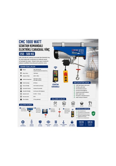 Cmc 1000 Watt Uzaktan Kumandalı Elektrikli Caraskal Vinç 250-500 Kg