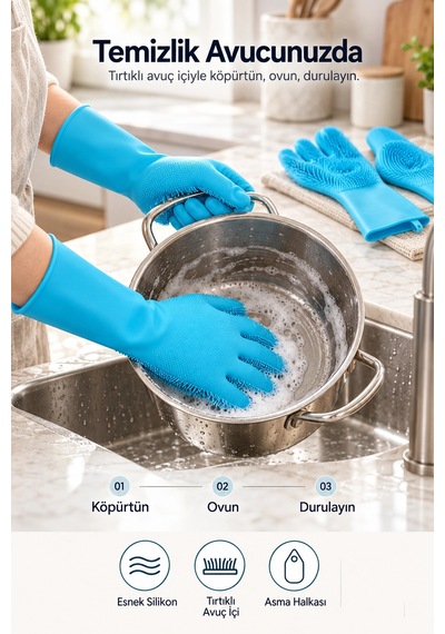 Tilbe Home Silikon Eldiven Bulaşık Yıkama Eldiveni Dayanıklı Kaymaz Tırtıklı Eldiven Fırın Mutfak El 00475572