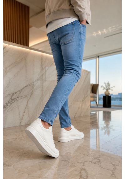 Mevese Tsoob Bağcıklı Cilt Erkek Günlük Rahat Taban Sneaker Ayakkabı - Beyaz