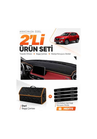 Mg Hs 2018-2024 Uyumlu Torpido Örtüsü + Deri Bagaj Çantası + Sticker Seti - Siyah Kahverengi