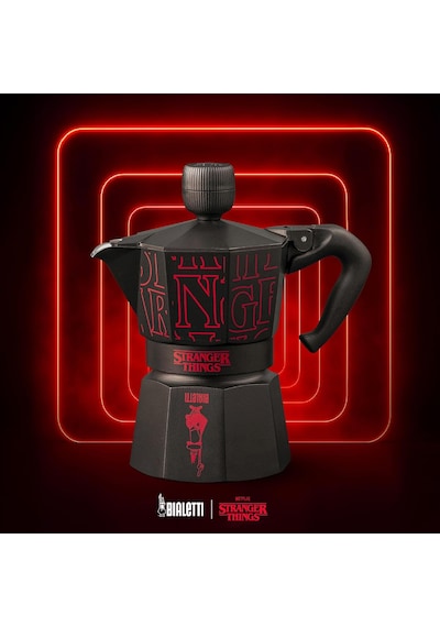 Moka Express Stranger Things: 3 Cups Ocak Üstü Espresso Pişirici, Müzikli, 130ml, Siyah, Patentli Güvenlik Valfi