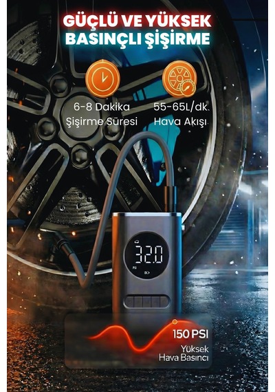 Embatech Hava Pompası 150 Psı 4000mah Led Işıklı Lcd Ekranlı Taşınabilir Şarjlı Hava Kompresör Araç Lastik Şişirici