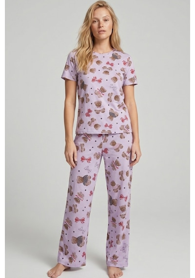 Siyah İnci Mevsimlik İnce Örme Pijama Takım 8017 Lila Ayıcık