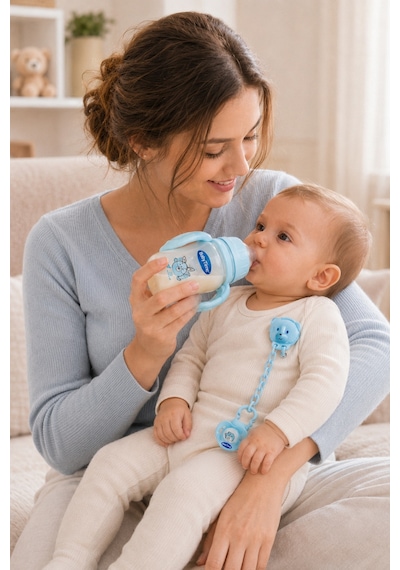 Babytime 5'li Bebek Beslenme Seti Mavi 0+ Ay 150 Ml Pp Biberon - Alıştırma Bardağı - Emzik ve Askısı Ak206 Bebe Mavi