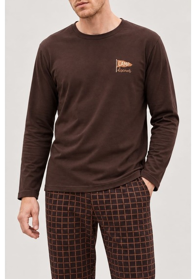 Pemilo Erkek 6500-3 Uzun Kol % 100 Pamuk Cotton Pijama Takımı Kahverengi
