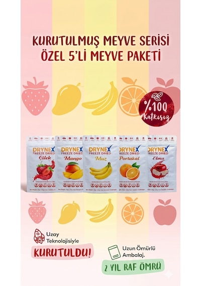 Drynex Freeze Dried Çilek Mango Portakal Elma Muz Dondurularak Kurutulmuş Atıştırmalık Tanışma Seti 5'li
