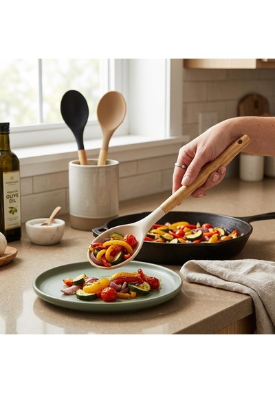 30 Cm Bambu Saplı Silikon Servis Kaşığı, Derin Hazneli Yemek Kaşığı, Makarna Sebze Pilav Ve Günlük Servis İçin Mutfak Kaşığı, Askı Delikli, 3 Renk Asorti Karışık Gönderim